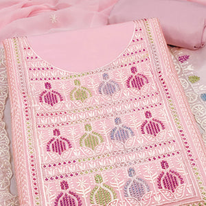 Sophisticated Pink Georgette Dress Material Accented With Ornate Floral Thread Embroidery