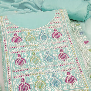 Sophisticated Turquoise Georgette Dress Material Accented With Ornate Floral Thread Embroidery