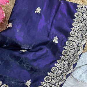 Trendy Dark Blue Fancy Satin Saree Enhanced with Rich Golden Embroidered Design