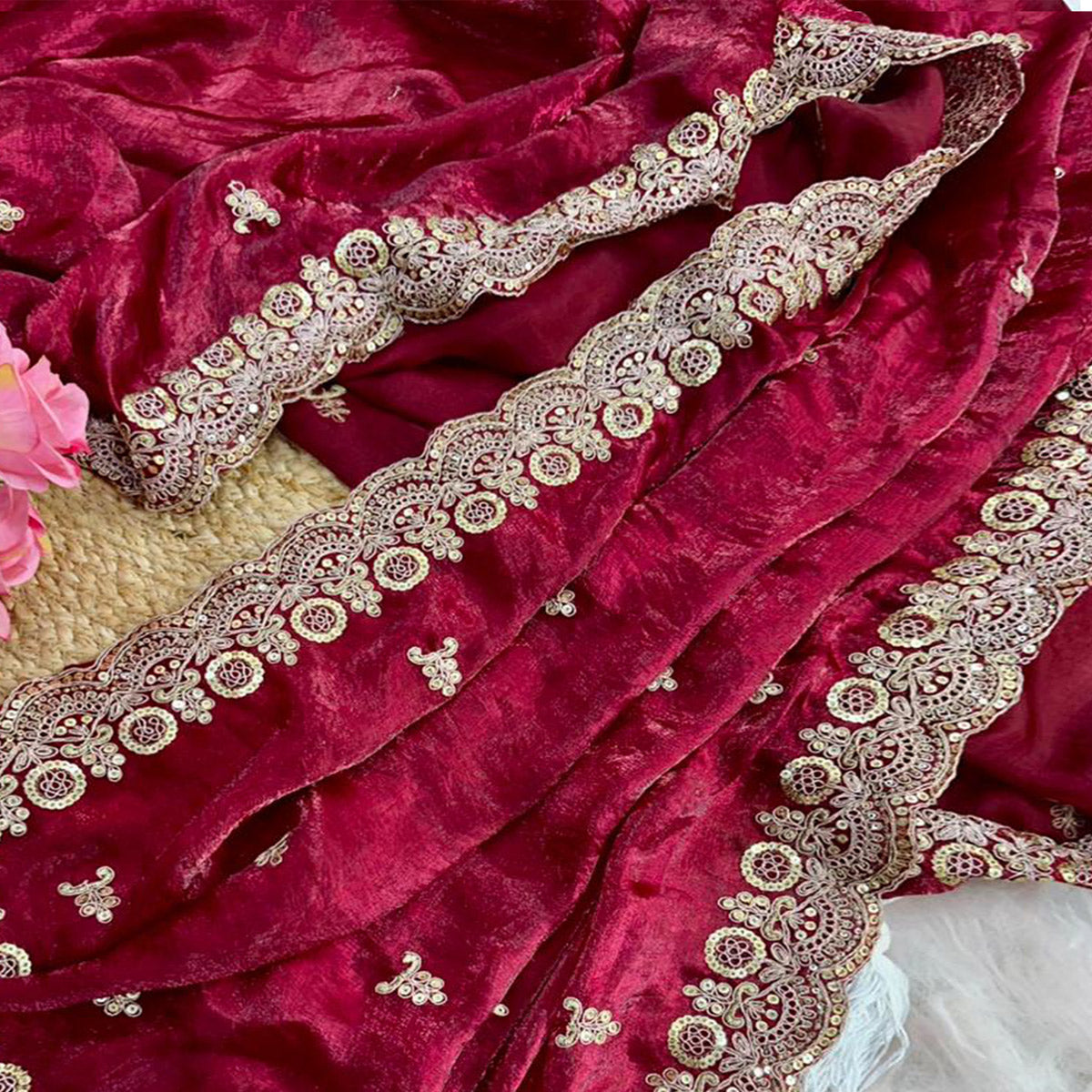 Trendy Maroon Fancy Satin Saree Enhanced with Rich Golden Embroidered Design
