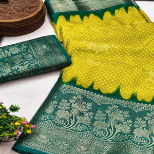 Lemon Green Bandhani Printed Dola Silk Saree Adorned With Luxe Floral Weaving Border Work