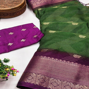 Classic Green Jacquard Saree Showcasing Floral & Zig-Zag Weaving With Tassel Pallu