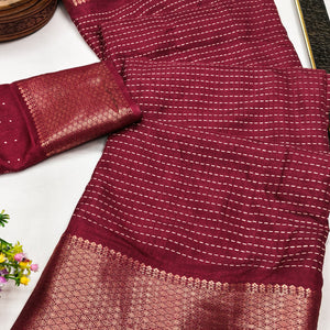 Stylish Maroon Striped Print Dola Silk Saree Adorned With Textured Weaving Border
