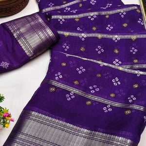Classic Purple Art Silk Saree With Striped Weaving & Traditional Bandhani Print