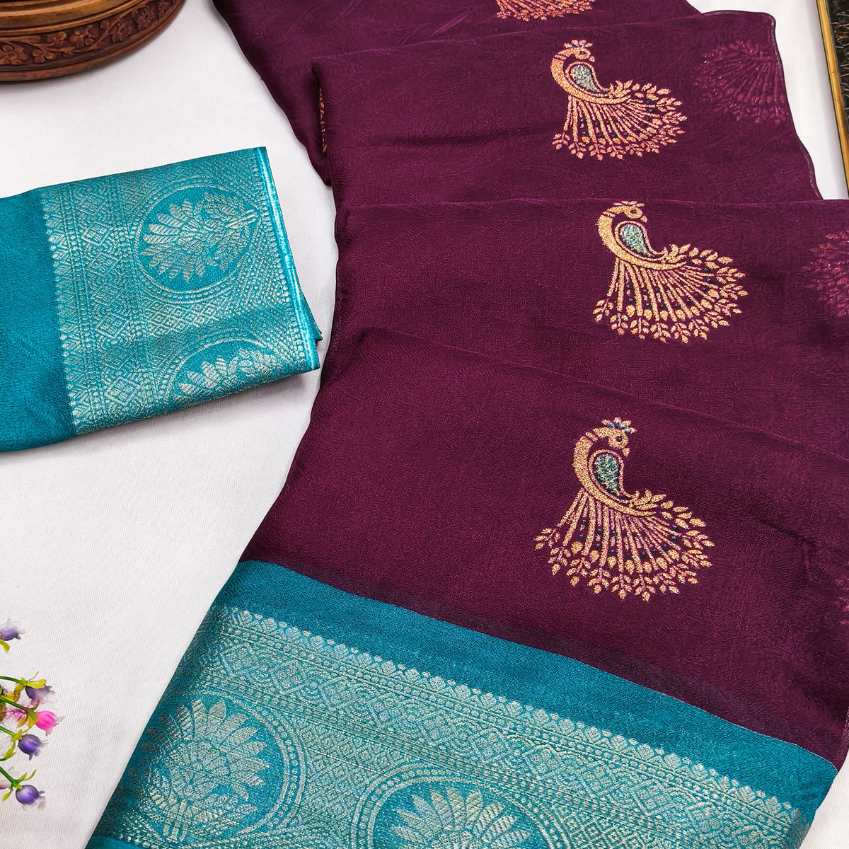 Festive Wine Dola Silk Saree Enhanced with Ornate Zari Weaving