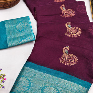 Festive Wine Dola Silk Saree Enhanced with Ornate Zari Weaving