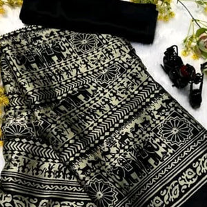 Stylish Grey & Black Printed Crepe Saree Perfect for Party Looks