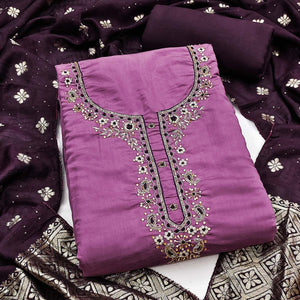 Light Purple Chanderi Silk Dress Material Featuring Intricate Beads & Stone Embroidery