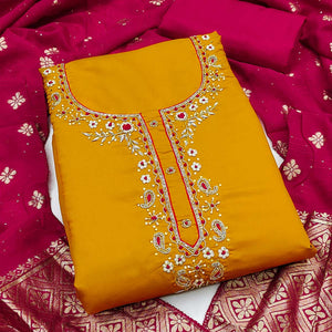 Mustard Chanderi Silk Dress Material Featuring Intricate Beads & Stone Embroidery