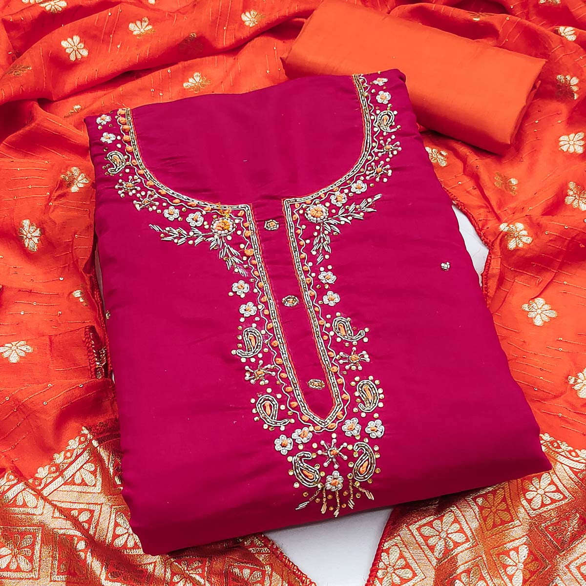 Pink Chanderi Silk Dress Material Featuring Intricate Beads & Stone Embroidery