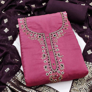 Rose Pink Chanderi Silk Dress Material Featuring Intricate Beads & Stone Embroidery