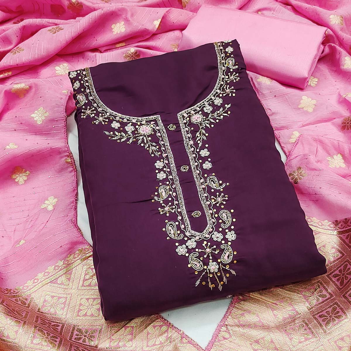 Wine Chanderi Silk Dress Material Featuring Intricate Beads & Stone Embroidery