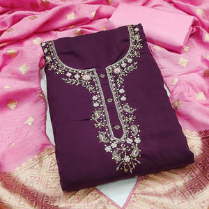 Wine Chanderi Silk Dress Material Featuring Intricate Beads & Stone Embroidery