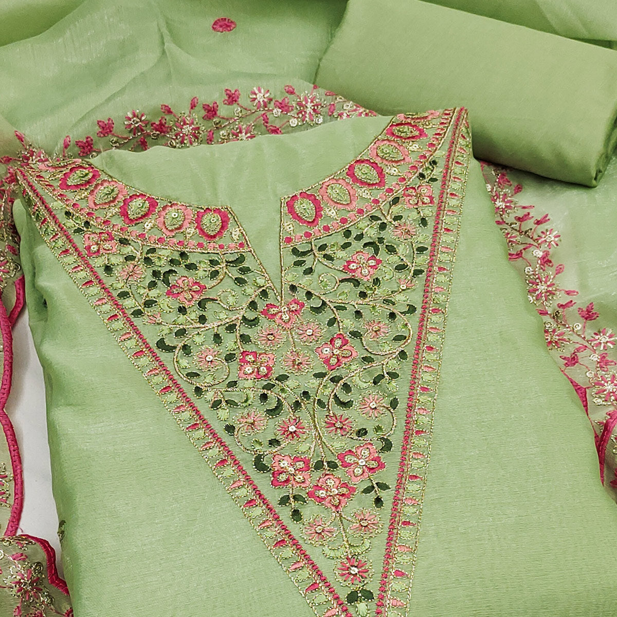 Vibrant Green Art Silk Dress Fabric with Timeless Golden Thread Embellishment