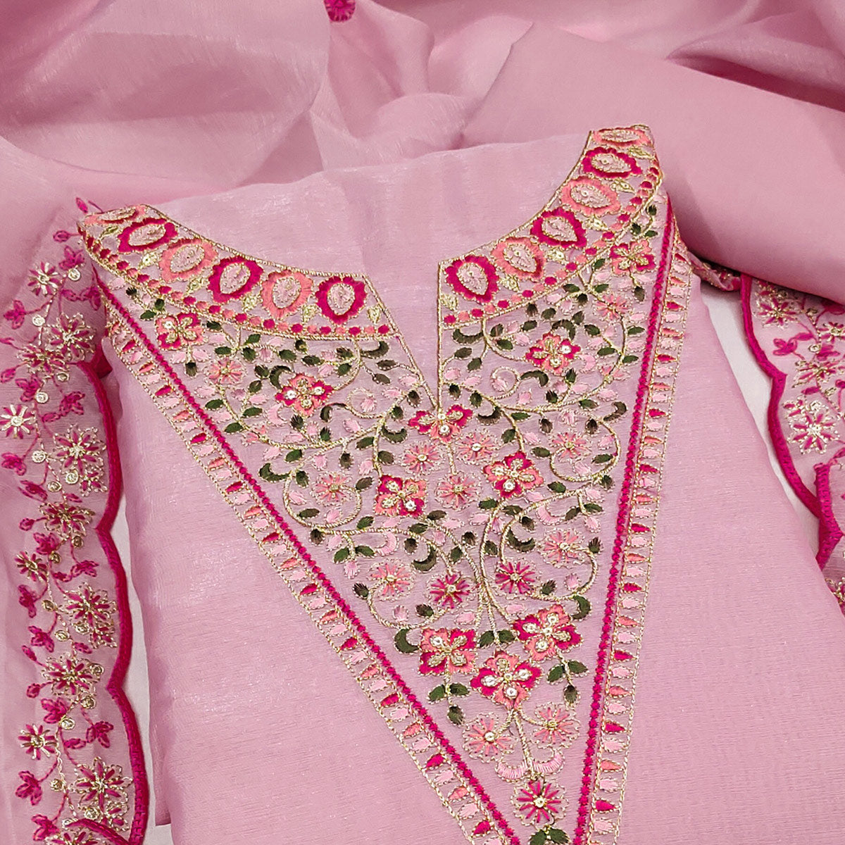 Vibrant Pink Art Silk Dress Fabric with Timeless Golden Thread Embellishment