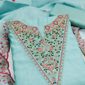 Vibrant Turquoise Art Silk Dress Fabric with Timeless Golden Thread Embellishment