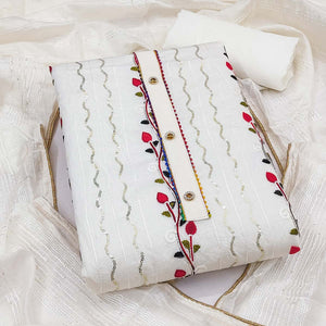 Alluring White Chanderi Silk Dress Fabric Featuring Delicate Sequins Embroidery