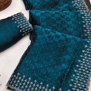 Elegant Morpich Blue Checks Chiffon Silk Saree Embellished With Swarovski Crystals