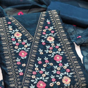 Majestic Bloom Blue Art Silk Dress Material With Exquisite Floral & Sequins Detailing