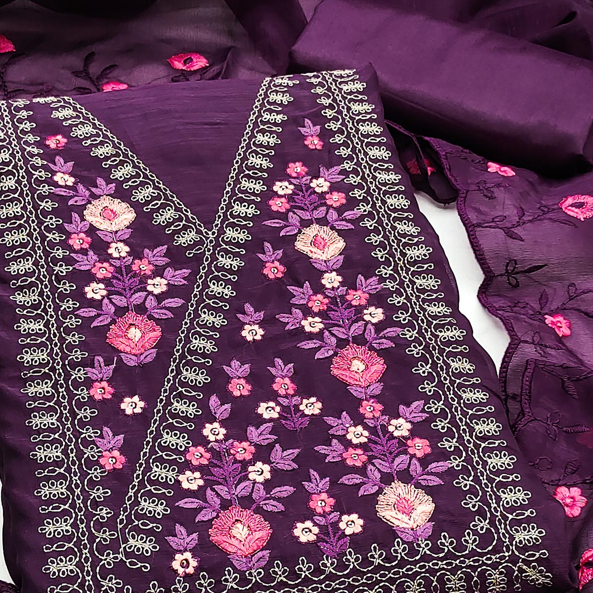 Majestic Bloom Purple Art Silk Dress Material With Exquisite Floral & Sequins Detailing