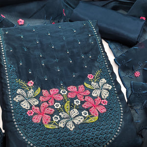 Ethereal Grace Blue Floral Embroidered & Sequins Enhanced Art Silk Dress Material