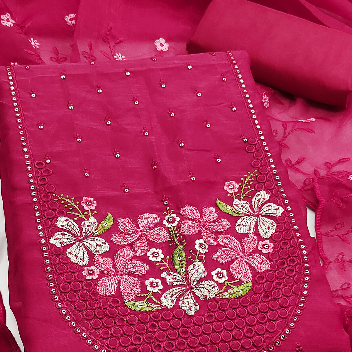 Ethereal Grace Pink Floral Embroidered & Sequins Enhanced Art Silk Dress Material