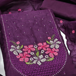 Ethereal Grace Purple Floral Embroidered & Sequins Enhanced Art Silk Dress Material