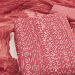 Stunning Coral Pink Floral Embroidery With Sparkling Sequins Work Georgette Dress Material