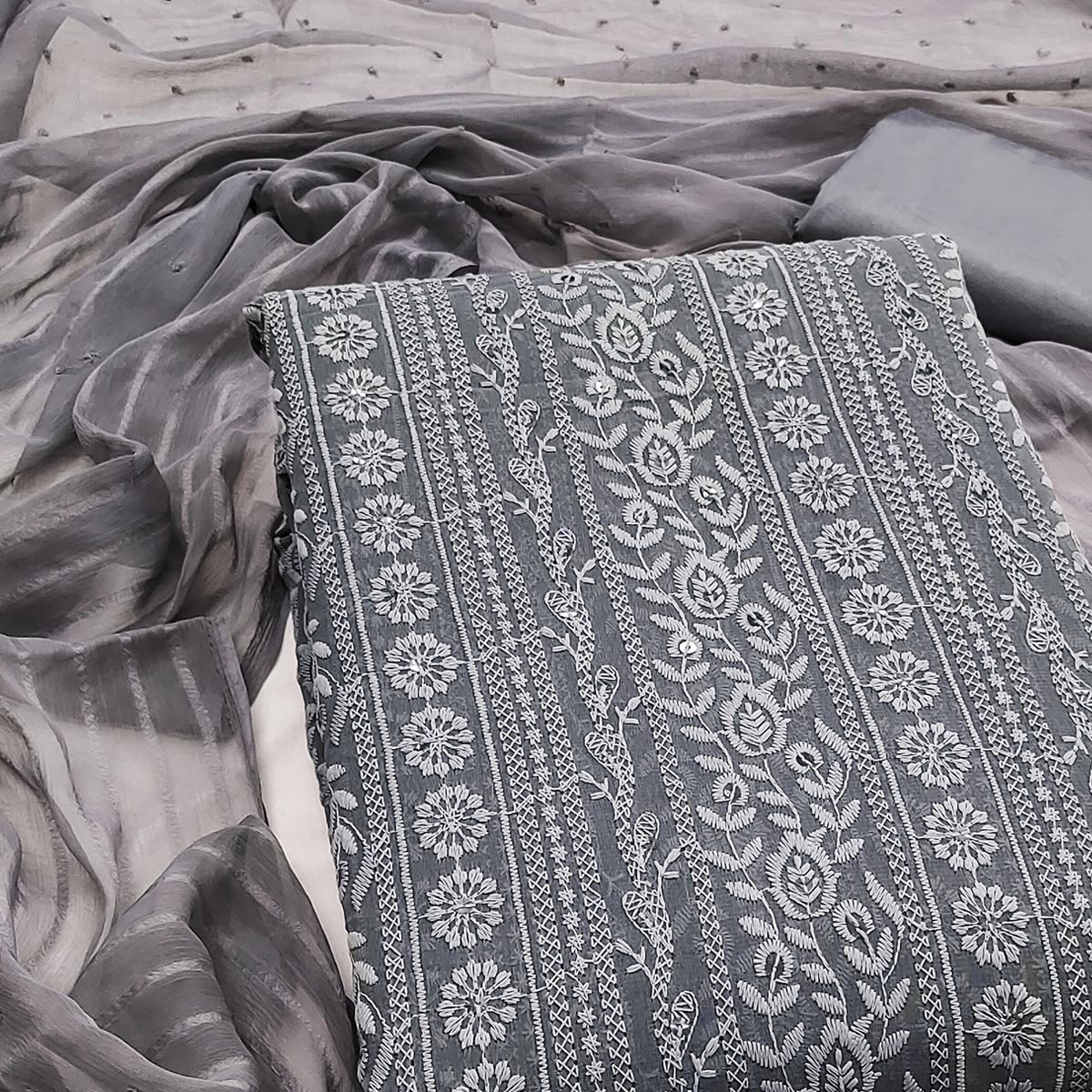 Stunning Grey Floral Embroidery With Sparkling Sequins Work Georgette Dress Material