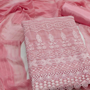 Stunning Light Rose Pink Floral Embroidery With Sparkling Sequins Work Georgette Dress Material