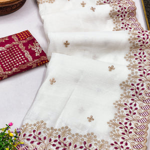 Charming White Floral Embroidered Chiffon Saree Enhanced With Intricate Paisley Border Design