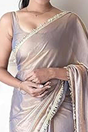 Modern Lavender Organza Satin Silk Saree With Refined Lace Border For Elegant Occasions