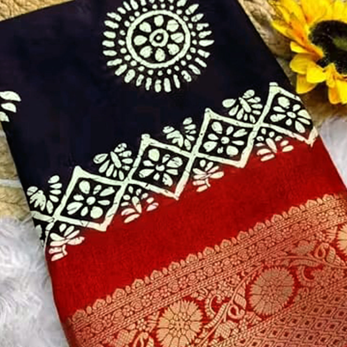 Exclusive Black Batik Printed Saree in Soft Dola Silk Fabric with Intricate Detailing