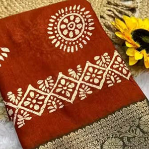 Exclusive Brown Batik Printed Saree in Soft Dola Silk Fabric with Intricate Detailing