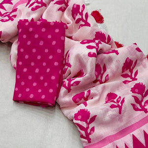 Lightweight White & Pink Floral Print Linen Saree Perfect Blend of Comfort and Style