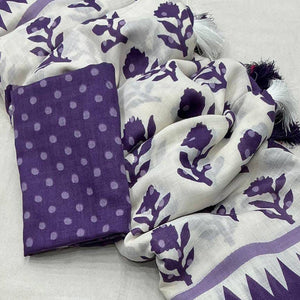 Lightweight White & Purple Floral Print Linen Saree Perfect Blend of Comfort and Style