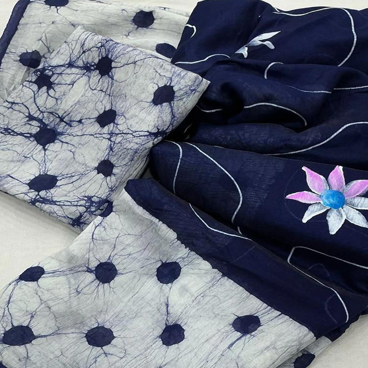 Blue Floral Handprinted Linen Saree for Graceful Ethnic Occasions