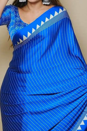 Blue Crepe Saree with Bold Striped Print and Smooth Finish for Partywear