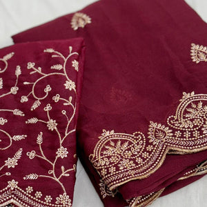 Gorgeous Maroon Floral Embroidered Georgette Saree Accented With Luxurious Zari Work