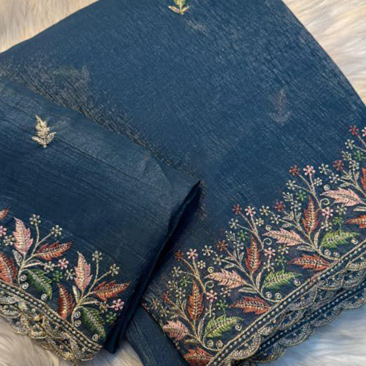 Mesmerizing Blue Chiffon Saree Showcasing Artistic Floral Embroidery For A Luxurious Appeal