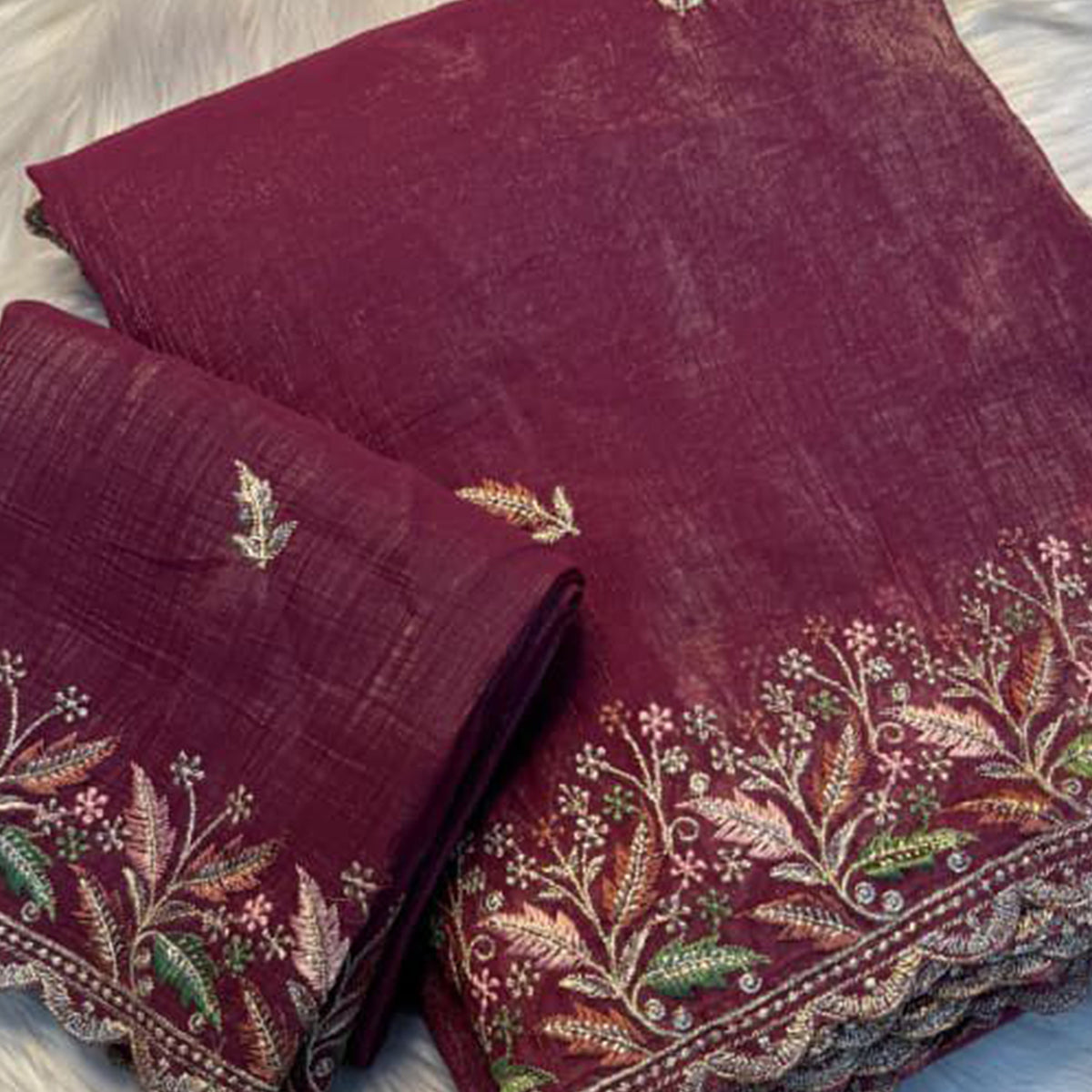 Mesmerizing Maroon Chiffon Saree Showcasing Artistic Floral Embroidery For A Luxurious Appeal