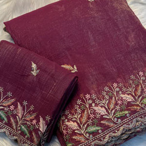 Mesmerizing Maroon Chiffon Saree Showcasing Artistic Floral Embroidery For A Luxurious Appeal