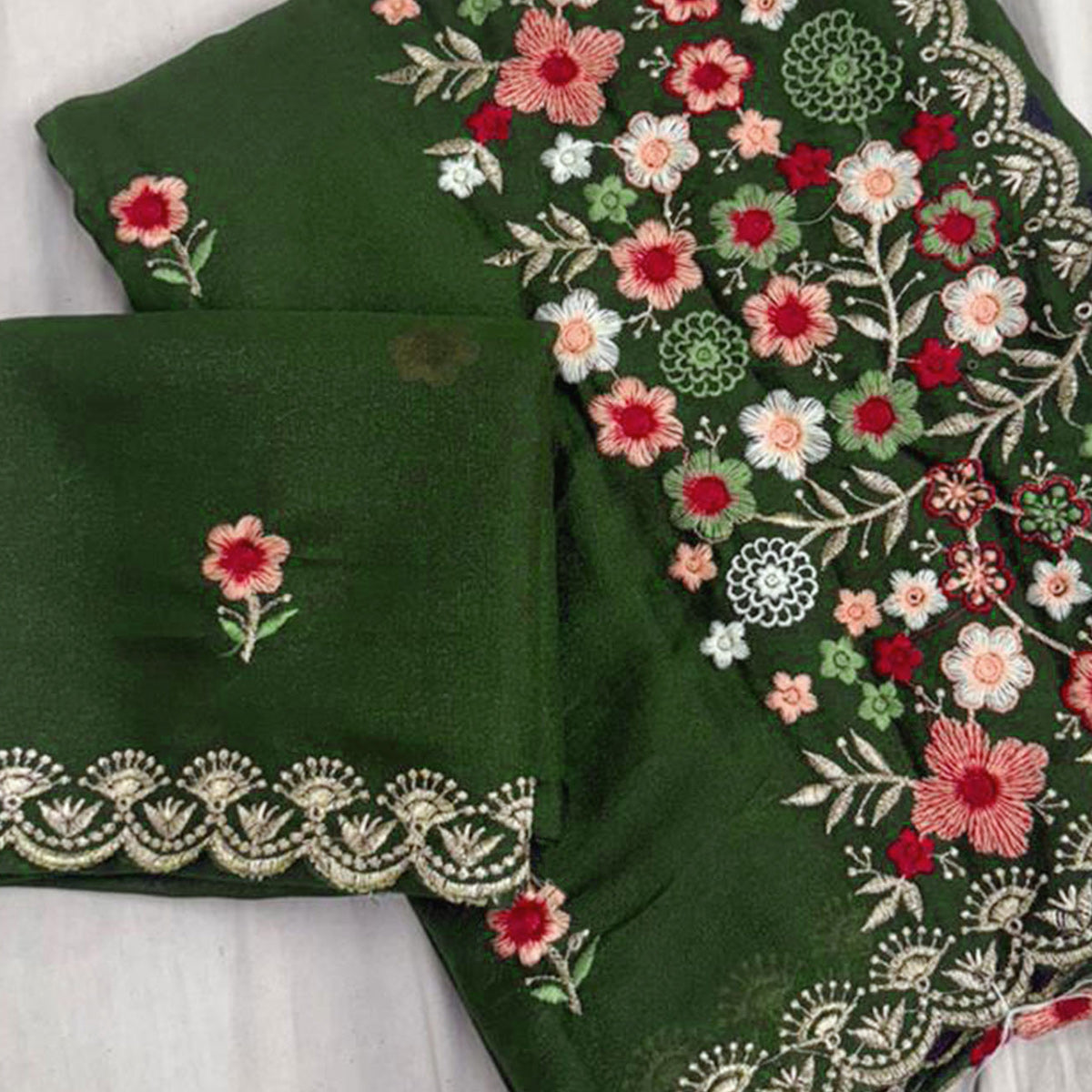 Graceful Green Georgette Saree Featuring Exquisite Floral Thread Embroidery Work