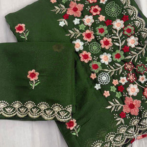 Graceful Green Georgette Saree Featuring Exquisite Floral Thread Embroidery Work