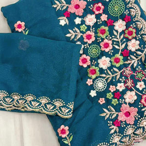 Graceful Morpich Blue Georgette Saree Featuring Exquisite Floral Thread Embroidery Work