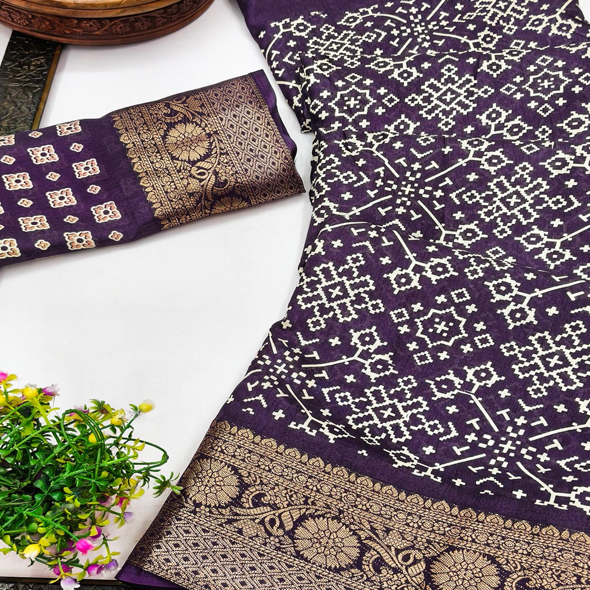 Contemporary Dark purple Geometric Mill Printed Dola Silk Saree With Ornate Floral Zari Border