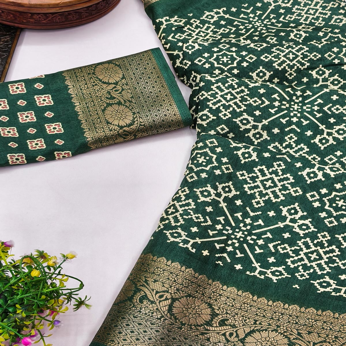 Contemporary Green Geometric Mill Printed Dola Silk Saree With Ornate Floral Zari Border