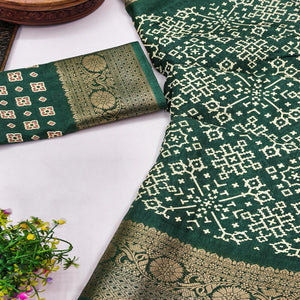 Contemporary Green Geometric Mill Printed Dola Silk Saree With Ornate Floral Zari Border