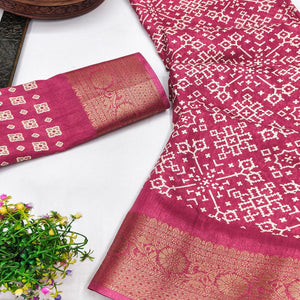 Contemporary Magenta Geometric Mill Printed Dola Silk Saree With Ornate Floral Zari Border