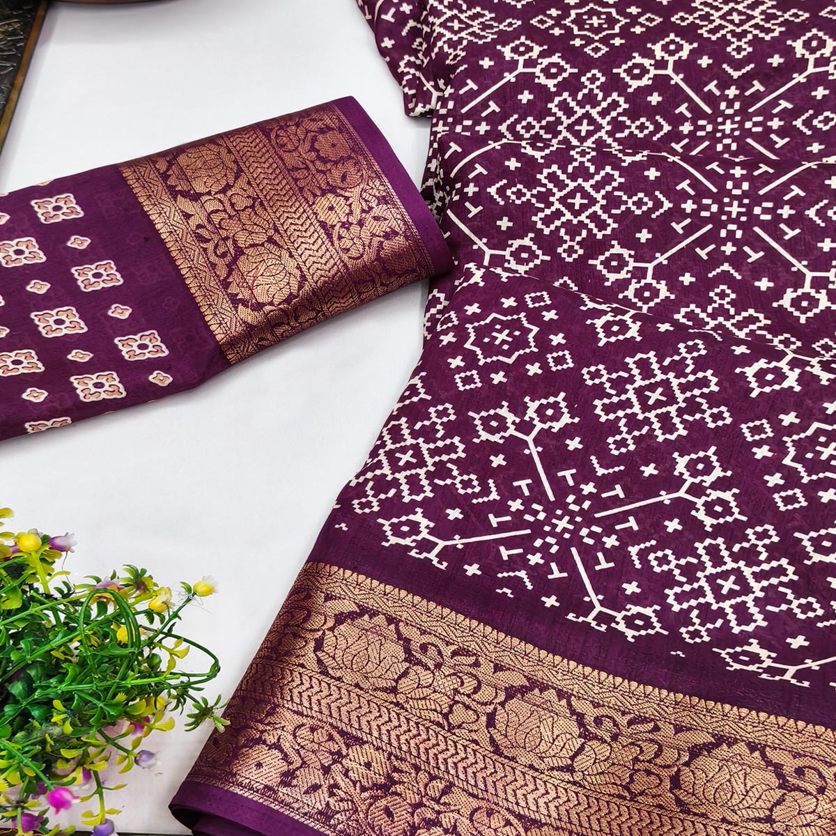 Contemporary Purple Geometric Mill Printed Dola Silk Saree With Ornate Floral Zari Border